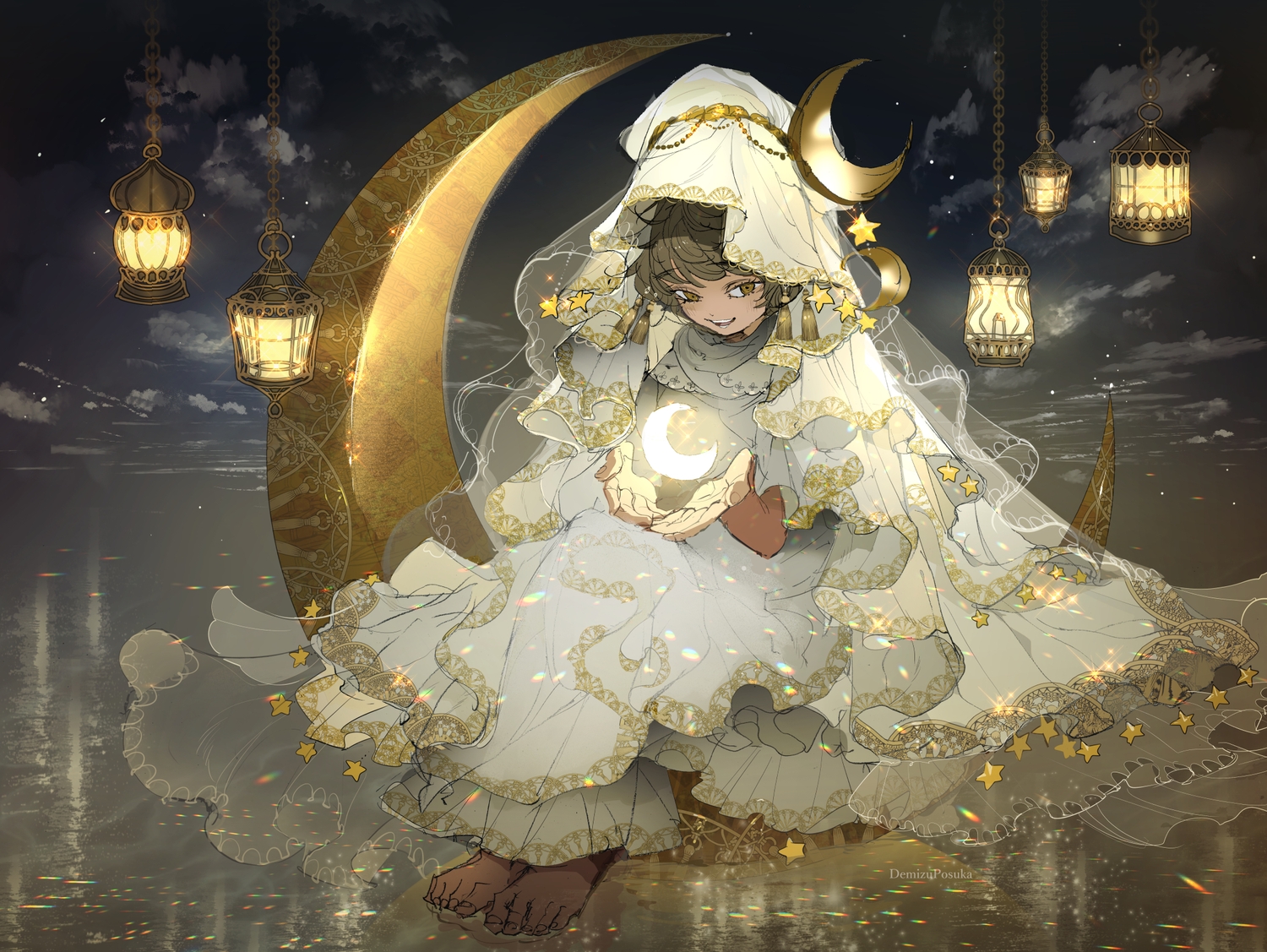 barefoot, brown_eyes, brown_hair, demizu_posuka, dressing, moon, original, sketch