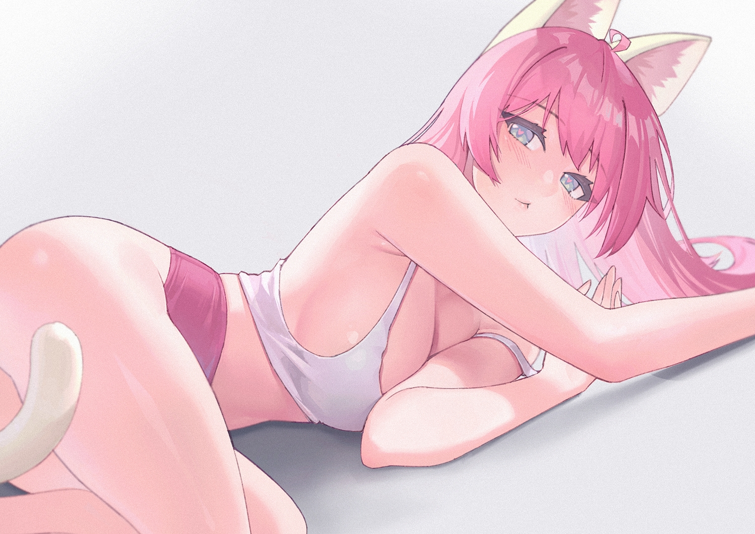 animal_ears, blush, breasts, catgirl, cat_smile, cleavage, fiodo, green_eyes, long_hair, no_bra, original, pink_hair, tail, xiao_me