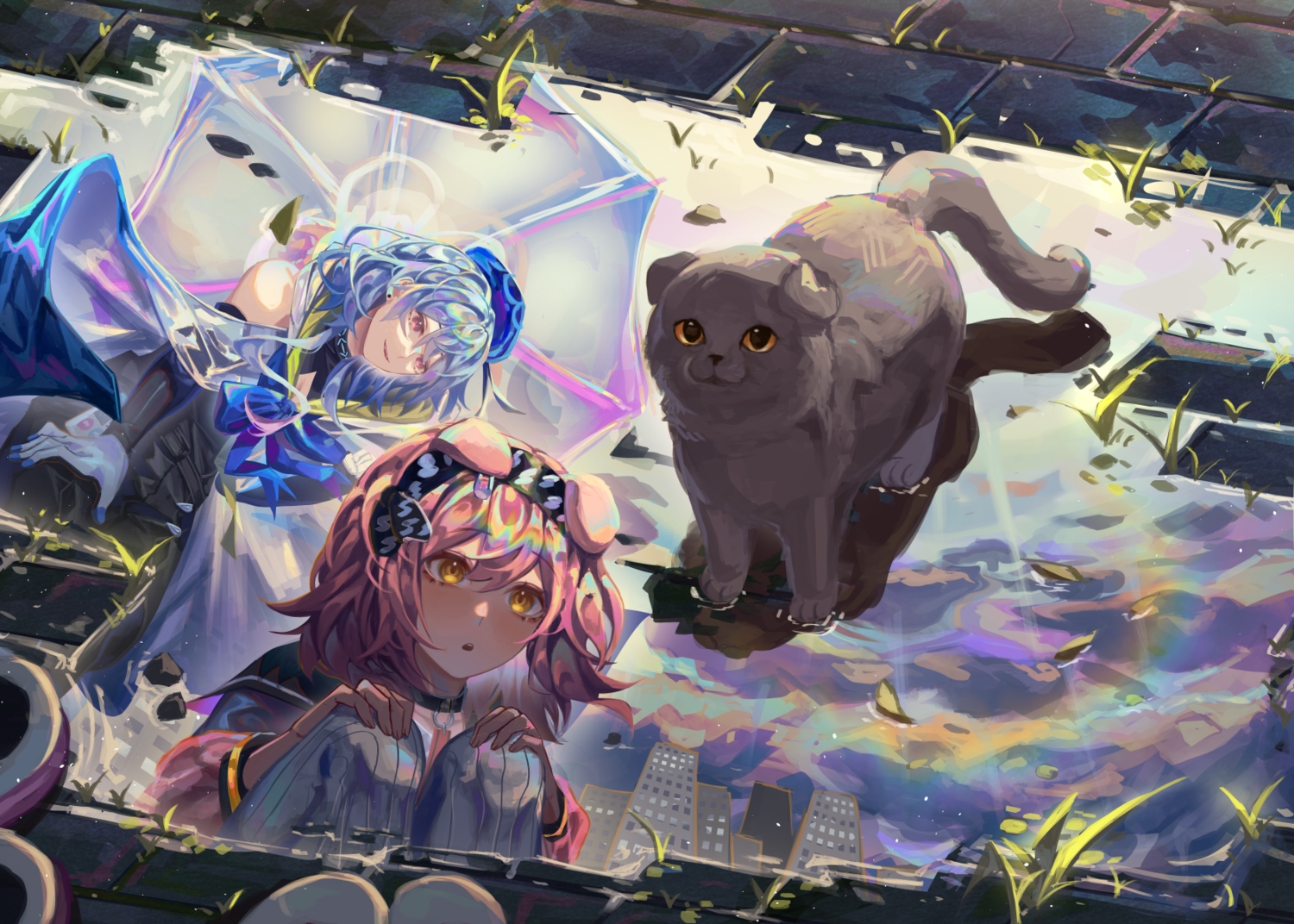 animal, animal_ears, arknights, blue_hair, cat, catgirl, goldenglow_(arknights), kikan_(kikanoe), male, mizuki_(arknights), otoko_no_ko, pink_hair, reflection, yellow_eyes