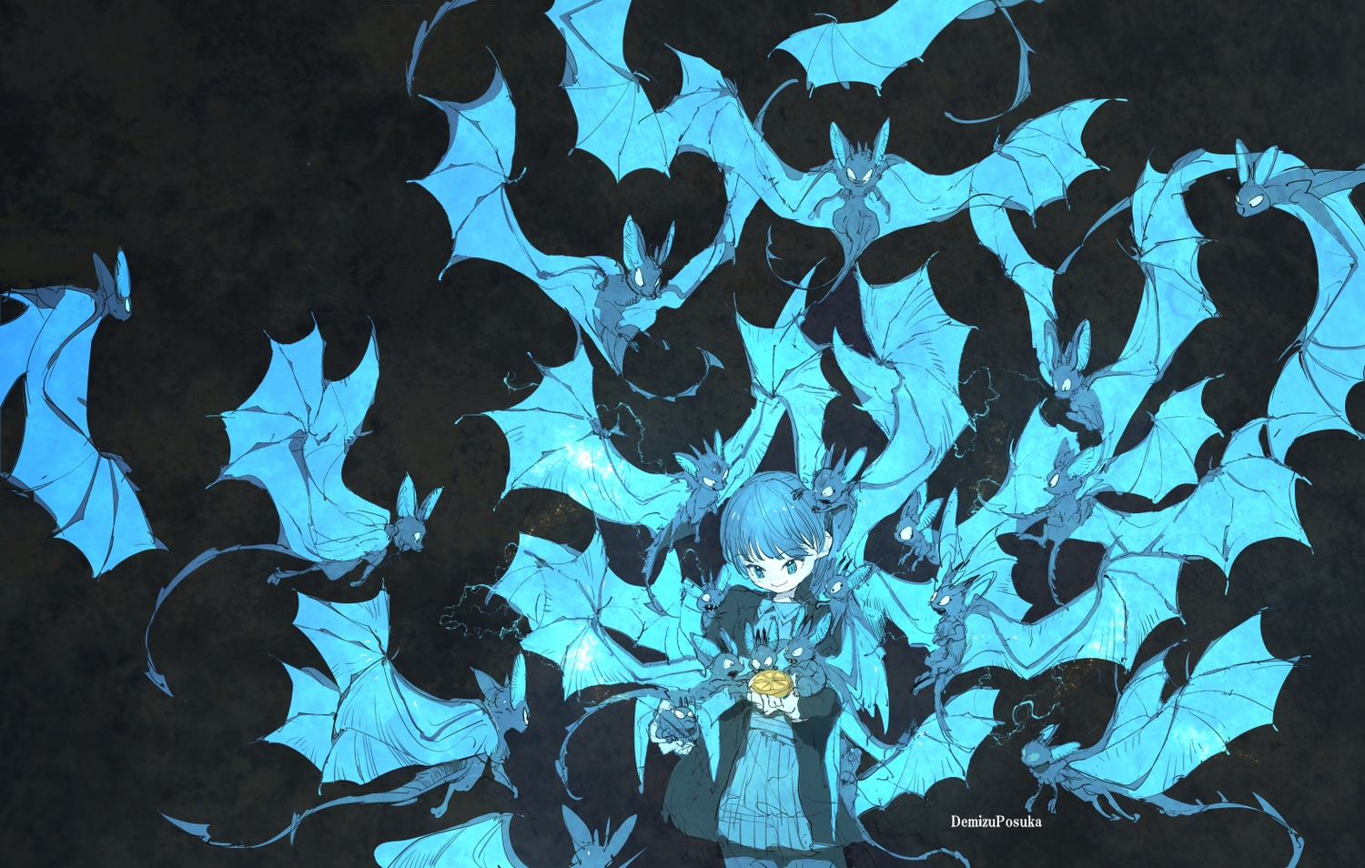 animal, bat, blue, demizu_posuka, food, fruit, original, polychromatic