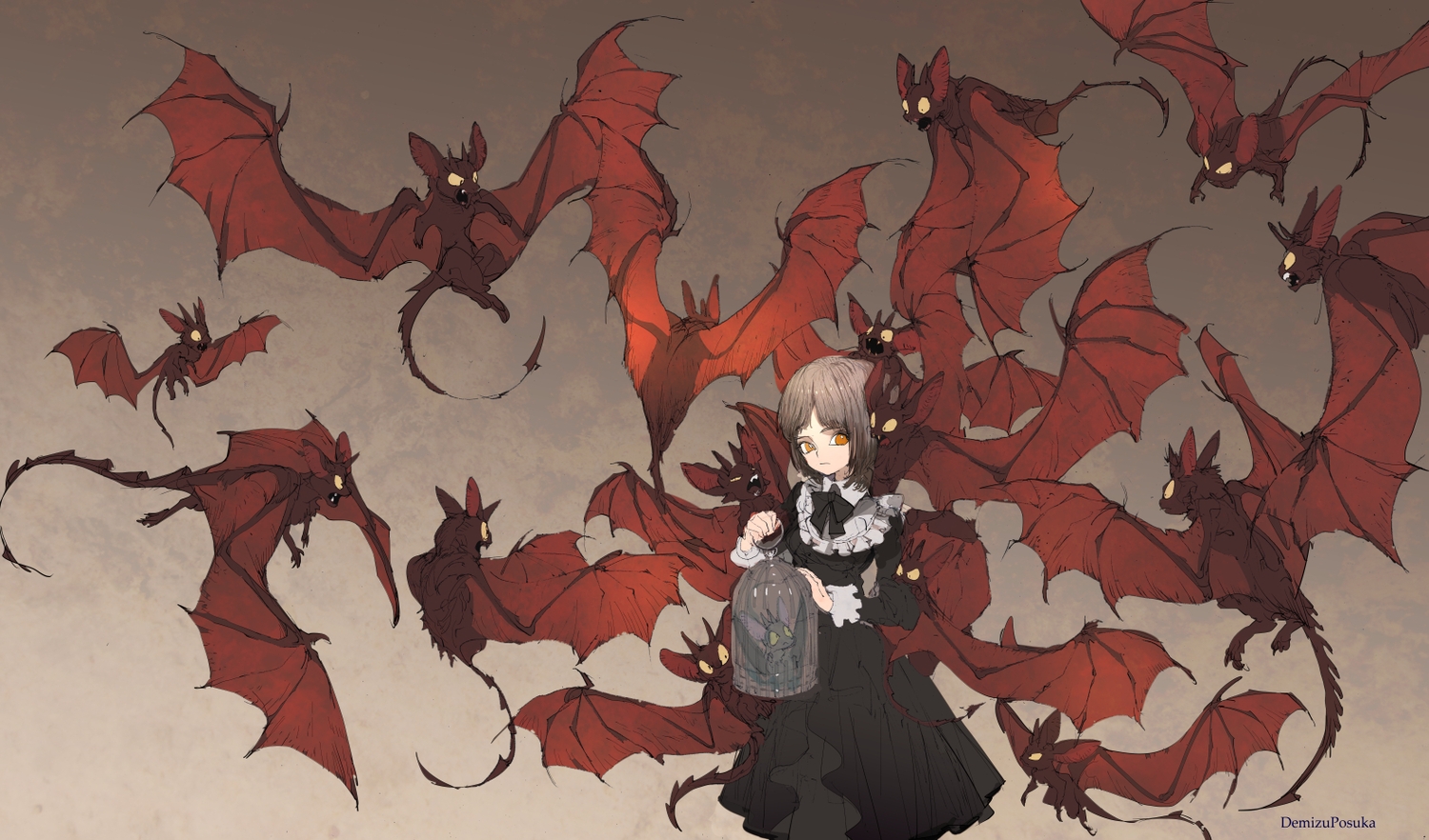 animal, bat, cage, demizu_posuka, goth-loli, lolita_fashion, original, red