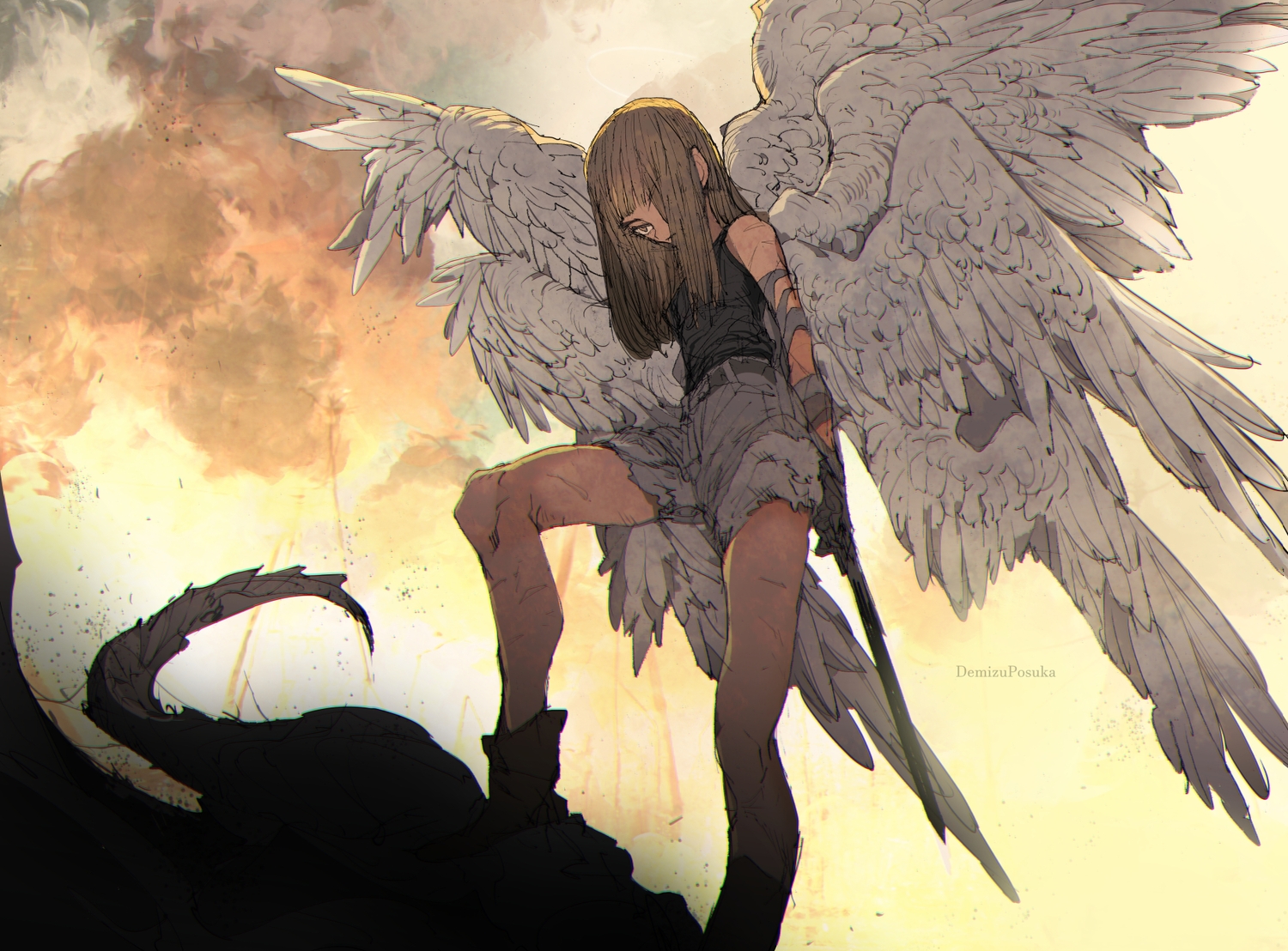 angel, bandage, brown_eyes, brown_hair, demizu_posuka, original, shorts, sketch