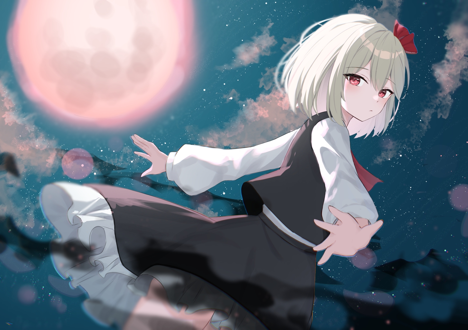 anima_miko, blush, clouds, moon, night, red_eyes, rumia, shirt, short_hair, skirt, skirt_lift, sky, stars, touhou