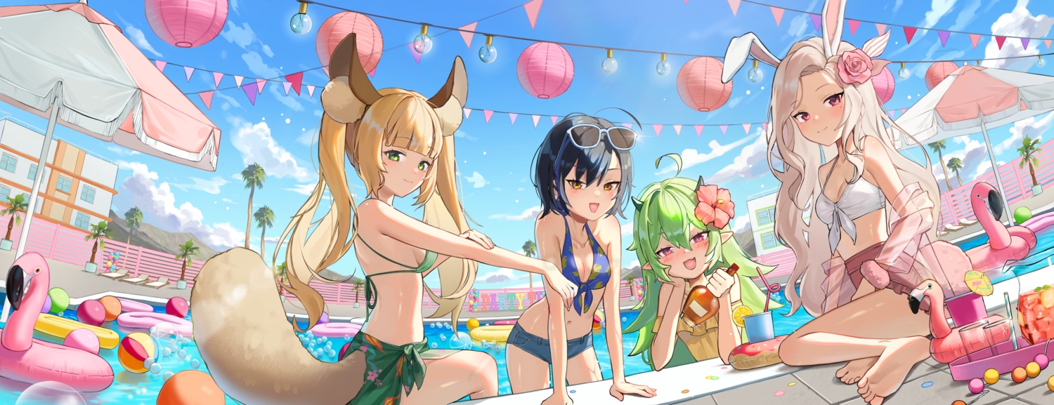 animal_ears, ball, barefoot, bikini, black_hair, blonde_hair, blush, bodiedwile