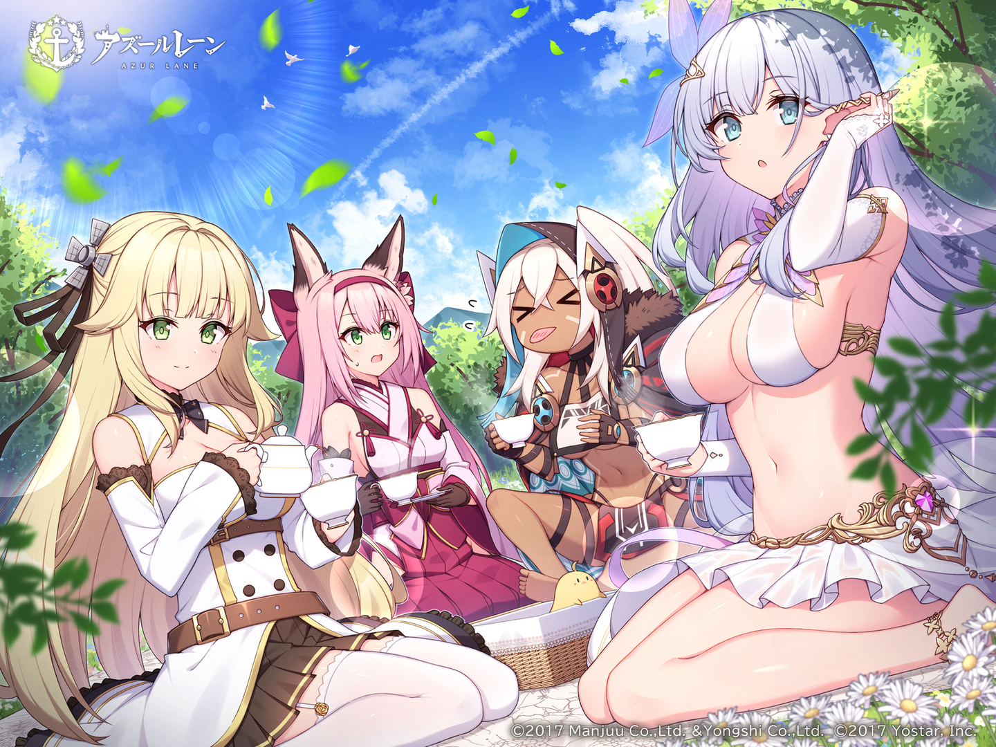 albion_(azur_lane), animal, animal_ears, anthropomorphism, aqua_eyes, aurora_(azur_lane), azur_lane, barefoot, bird, blonde_hair, blush, bow, breasts, cape, cleavage, dark_skin, dress, drink, elbow_gloves, flowers, foxgirl, garter, garter_belt, gloves, green_eyes, group, hanazuki_(azur_lane), headband, hood, japanese_clothes, leaves, logo, long_hair, manjuu_(azur_lane), minneapolis_(azur_lane), pink_hair, pointed_ears, purple_hair, ribbons, sideboob, skirt, stockings, t@ke-g, tree, underboob, white_hair