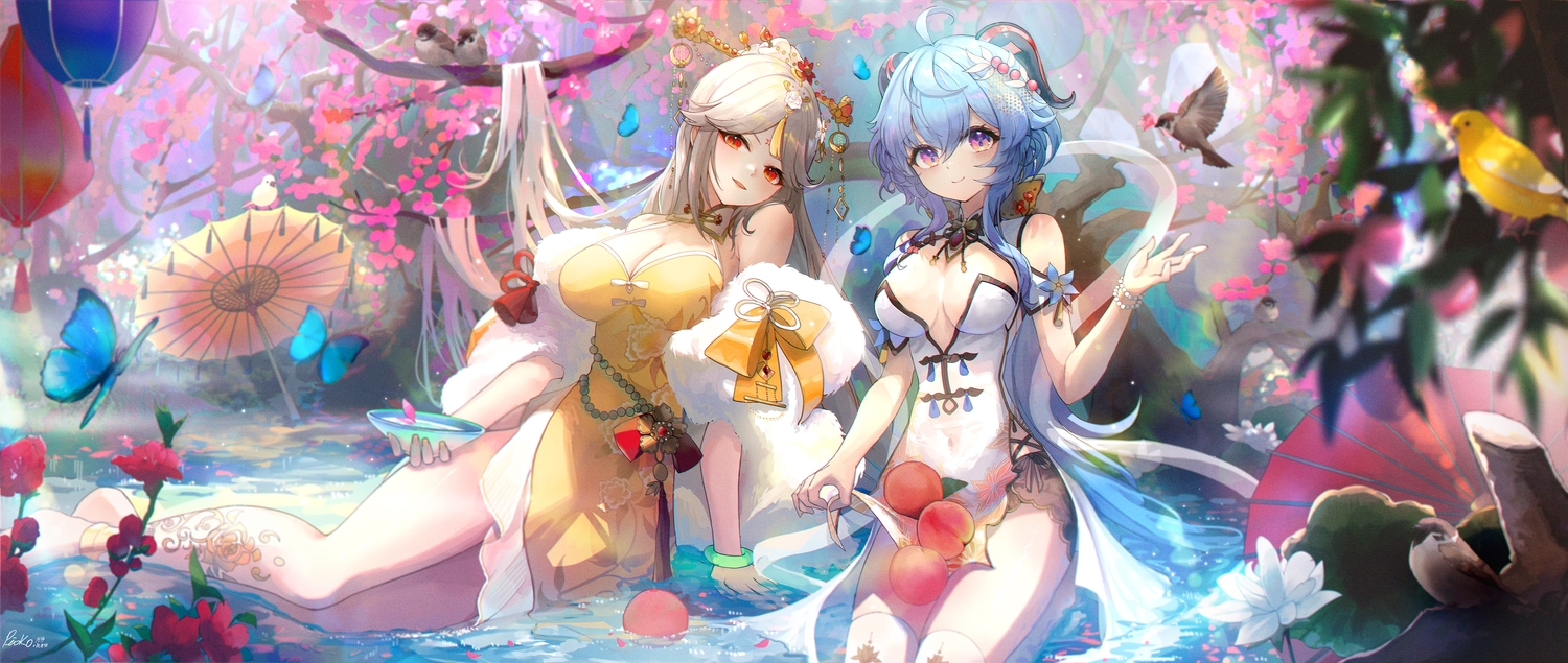 2girls, animal, barefoot, bird, blue_hair, blush, breasts, brown_hair, butterfly, chinese_clothes, chinese_dress, cleavage, dress, drink, flowers, food, fruit, ganyu_(genshin_impact), genshin_impact, headdress, horns, long_hair, ningguang_(genshin_impact), pioko, purple_eyes, red_eyes, sake, signed, tattoo, thighhighs, umbrella, water, wristwear