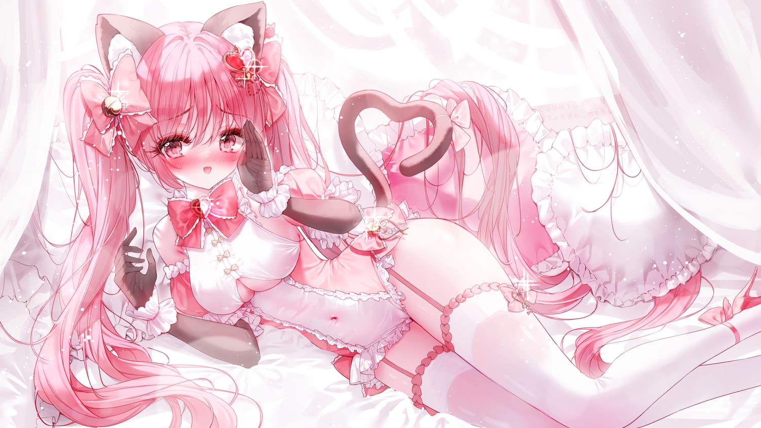 animal_ears, bed, blush, bow, breasts, catgirl, elbow_gloves, garter_belt