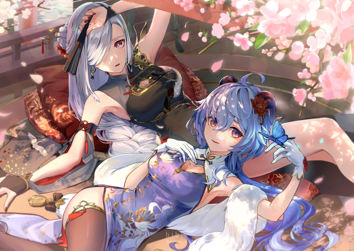 2girls, bibi_(obb_spl), blue_hair, braids, breast_hold, butterfly, chinese_clothes, chinese_dress, dress, fan, flowers, ganyu_(genshin_impact), genshin_impact, gloves, gray_eyes, gray_hair, horns, long_hair, petals, purple_eyes, shade, shenhe_(genshin_impact), thighhighs, watermark