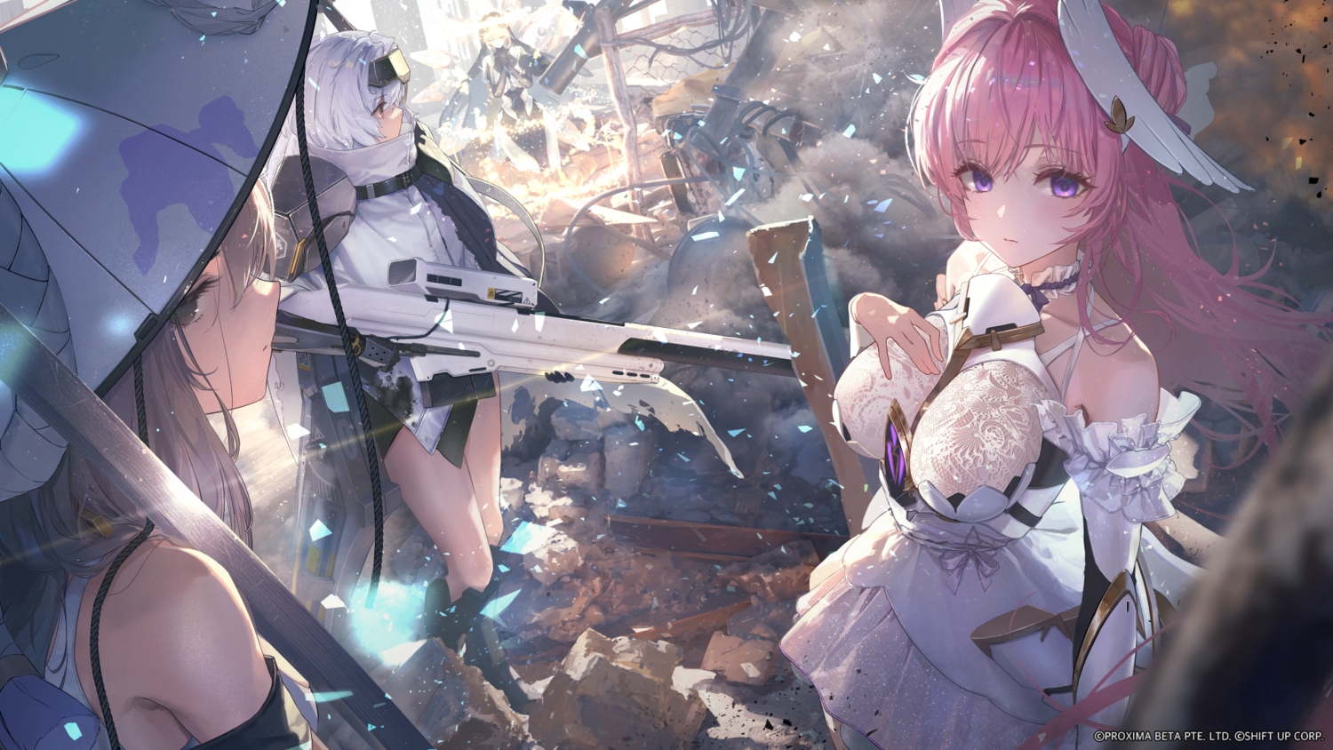 aliasing, blonde_hair, brown_eyes, brown_hair, dorothy_(nikke), dress, ggoc_ill, goddess_of_victory:_nikke, group, gun, long_hair, no_bra, pink_hair, purple_eyes, rapunzel_(nikke), ruins, scarlet_(nikke), see_through, snow_white_(nikke), weapon