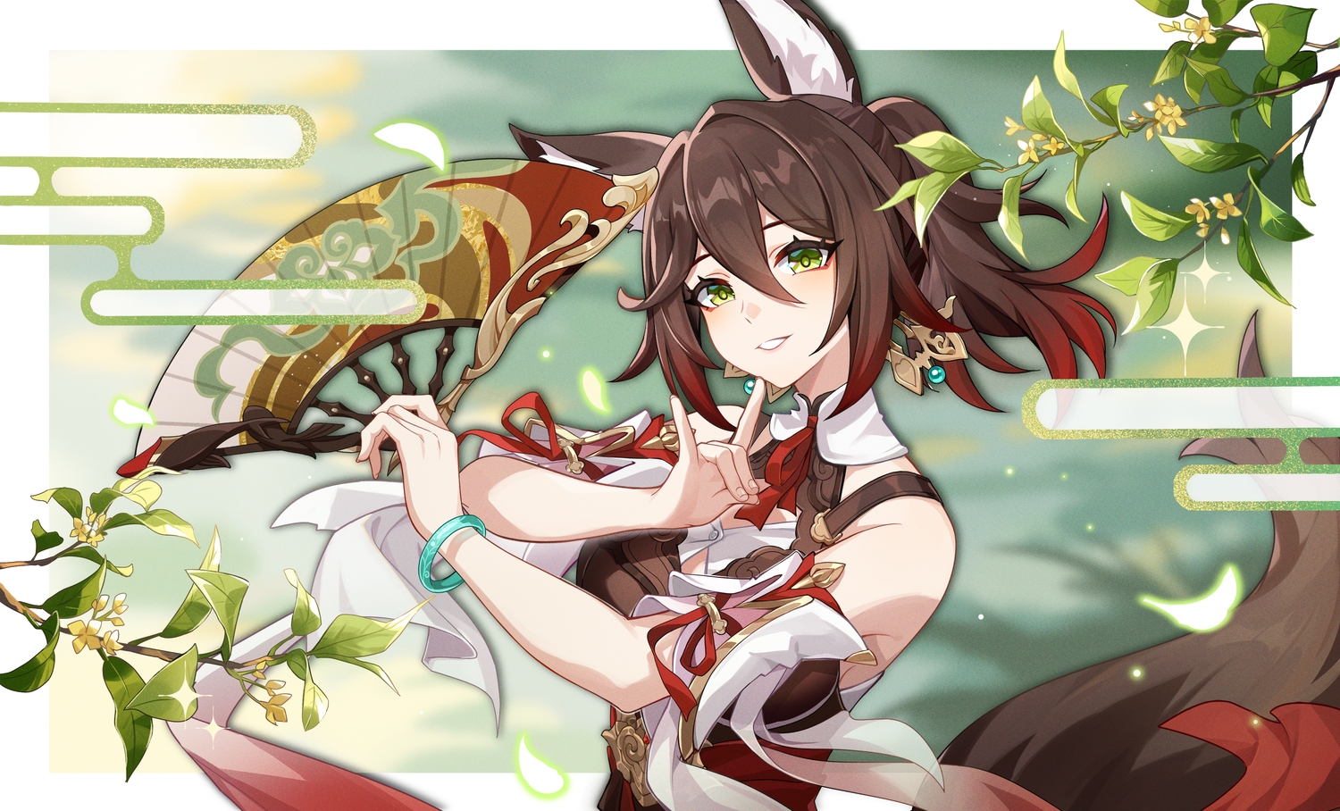 animal_ears, brown_hair, chinese_clothes, fang, foxgirl, green_eyes, honkai_(series), honkai:_star_rail, leaves, monabianou, ponytail, tail, tingyun_(honkai:_star_rail), wristwear