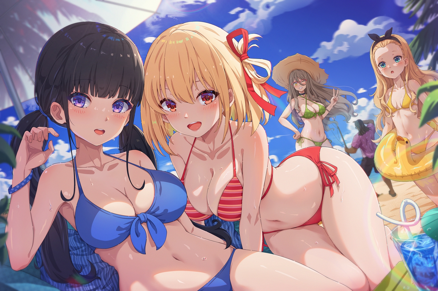 aqua_eyes, beach, bikini, blonde_hair, brown_eyes, brown_hair, cameltoe, clouds