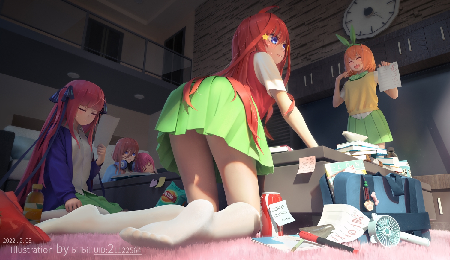 3d, book, brown_hair, drink, food, go-toubun_no_hanayome, group, headphones