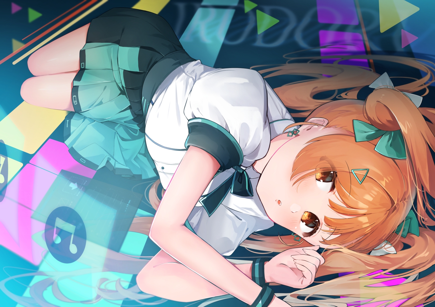 blush, bow, eme_(emeralda), irodori_mora, long_hair, orange_eyes, orange_hair, shirt, skirt, twintails, wondershare_filmora, wristwear