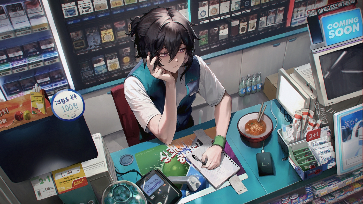 all_male, black_hair, food, male, mmlyno, original, phone, purple_eyes