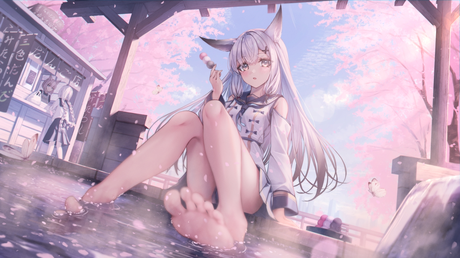 amane_utata, animal_ears, barefoot, brown_eyes, butterfly, cherry_blossoms, flowers, food, gray_hair, long_hair, original, school_uniform, skirt, tree, water