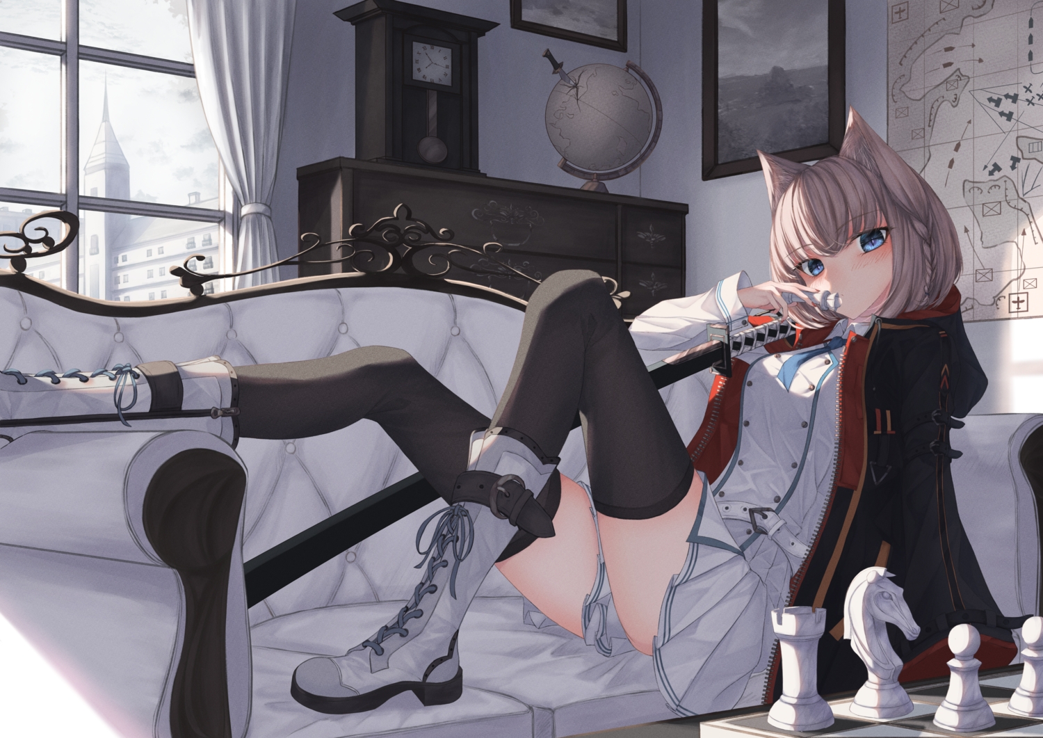 amane_utata, animal_ears, blonde_hair, blue_eyes, boots, cape, catgirl, katana