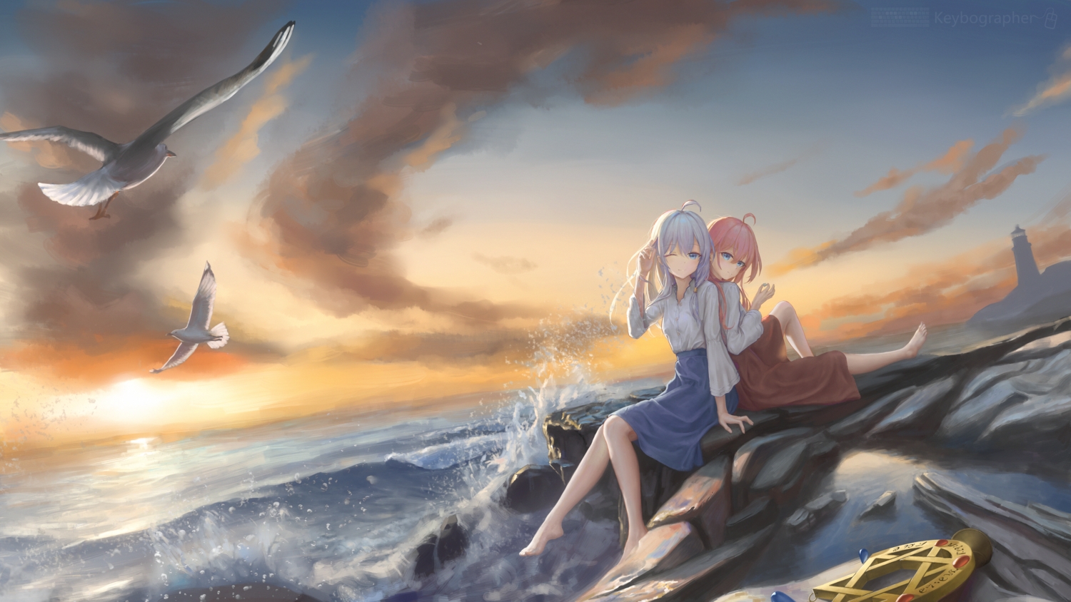 2girls, animal, barefoot, bird, blue_eyes, clouds, elaina_(majo_no_tabitabi), gray_hair