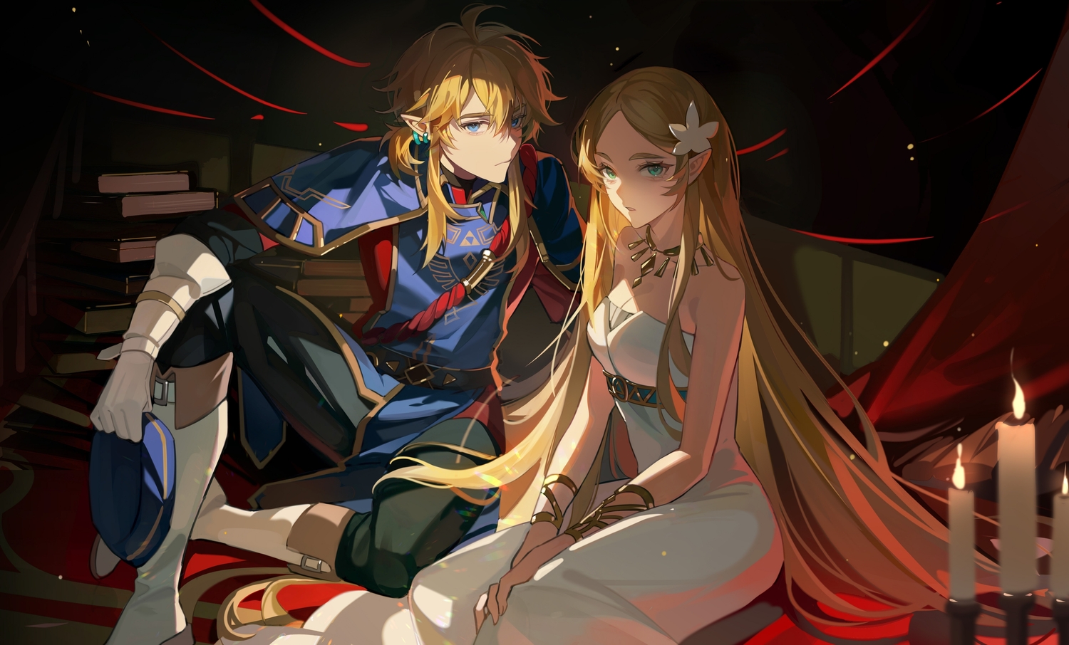 blonde_hair, blue_eyes, book, boots, breasts, cleavage, dress, elbow_gloves, gloves, green_eyes, hat, jiugongyue_akira, link_(zelda), long_hair, male, necklace, pointed_ears, princess_zelda, the_legend_of_zelda, uniform, wristwear