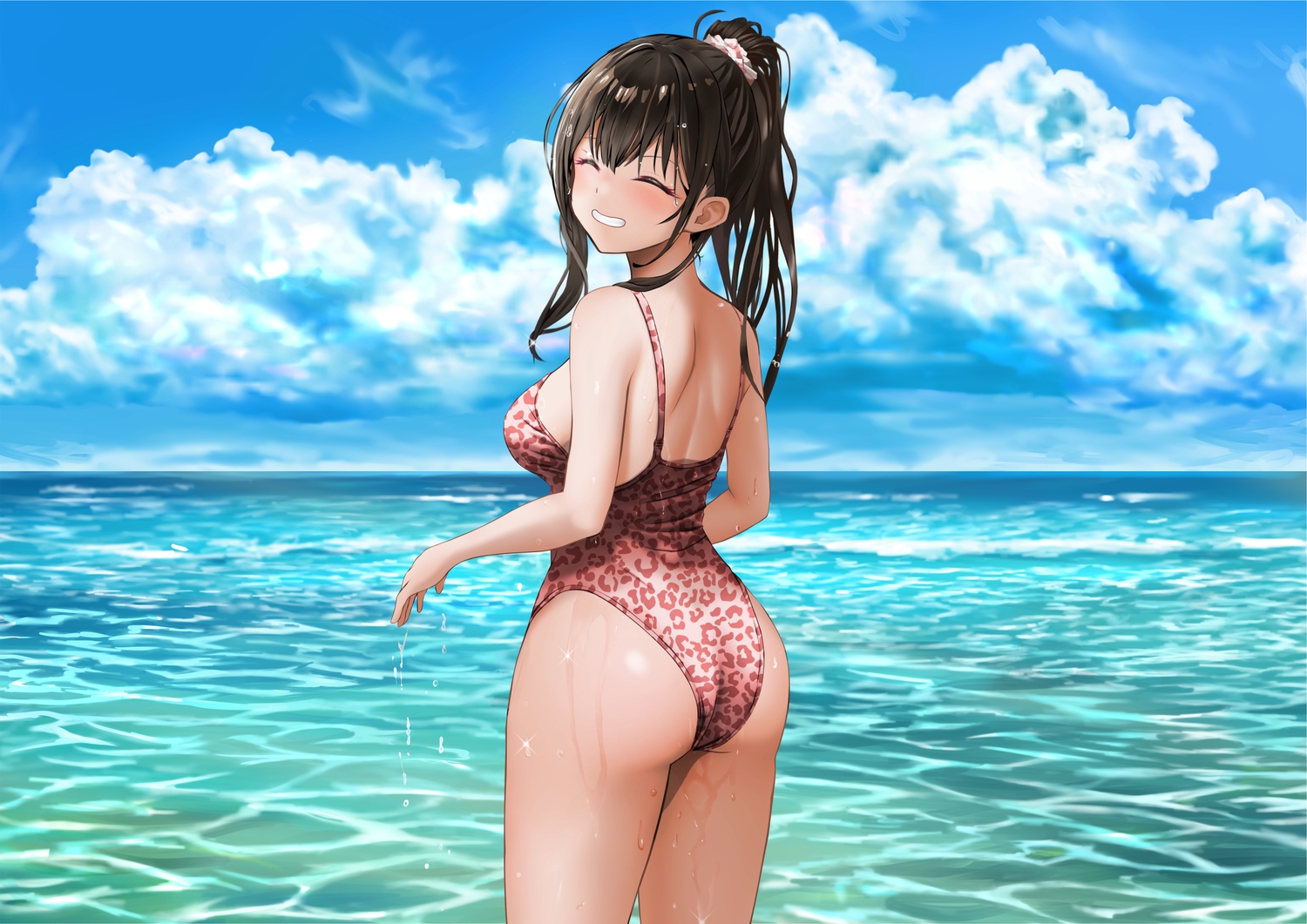 ass, black_hair, clouds, gibun_(sozoshu), long_hair, original, ponytail, sky
