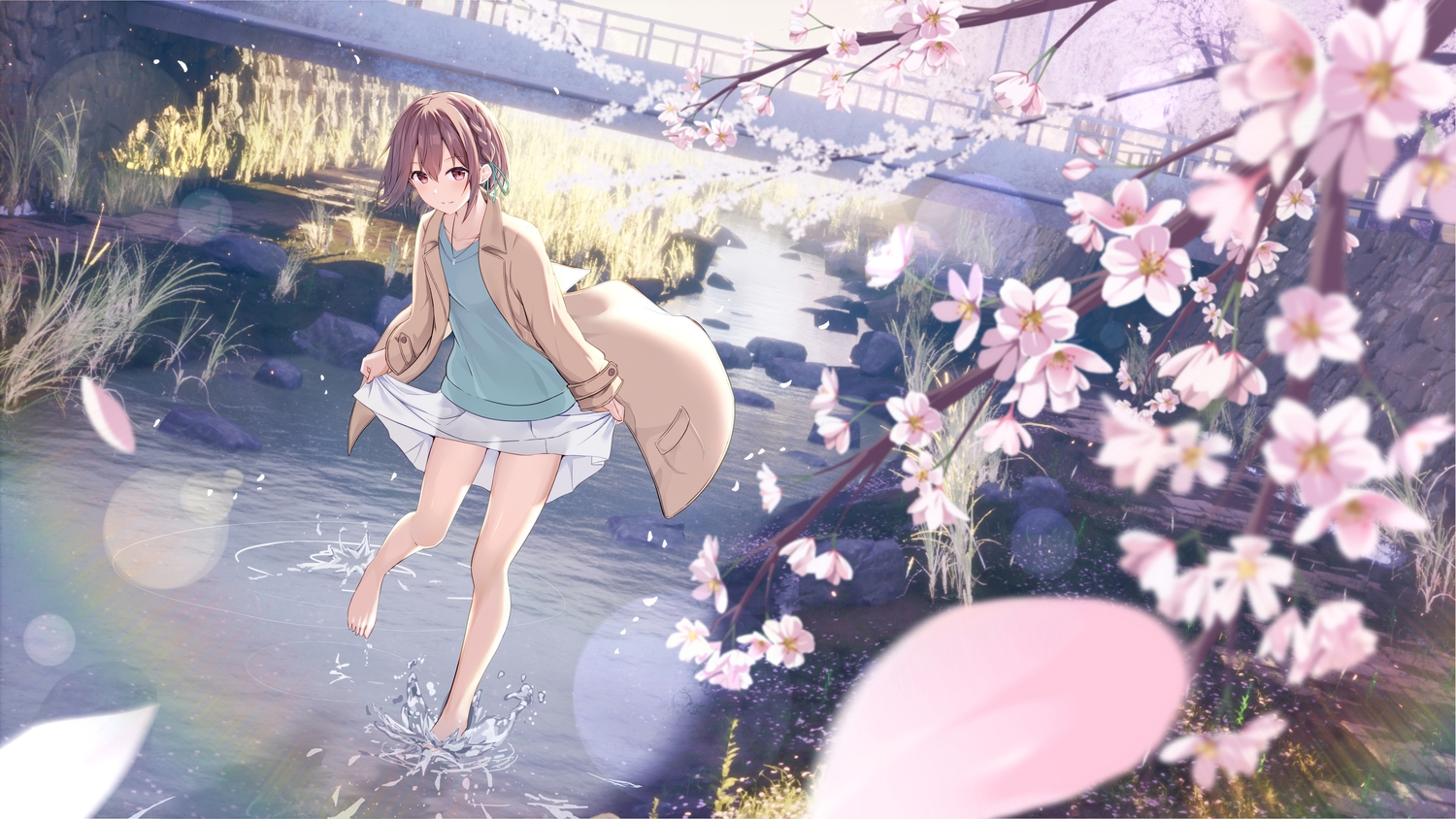barefoot, braids, brown_hair, cac_itinose, cherry_blossoms, flat_chest, flowers, necklace