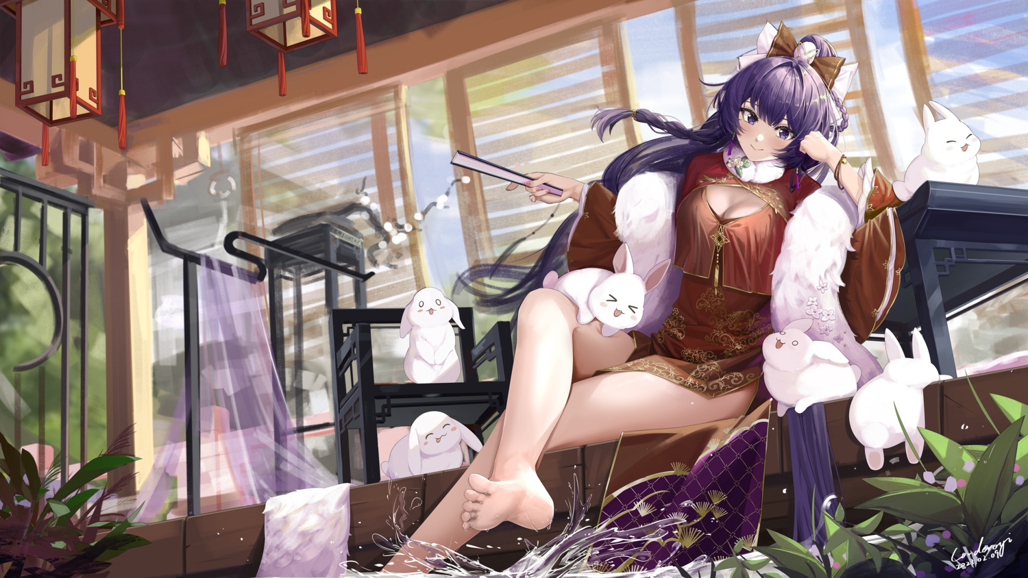 animal, barefoot, braids, breasts, chinese_clothes, cleavage, corderoy, fan