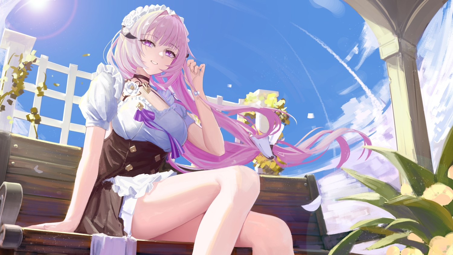 clouds, corderoy, elysia_(honkai_impact), headband, honkai_impact, honkai_(series), long_hair, maid