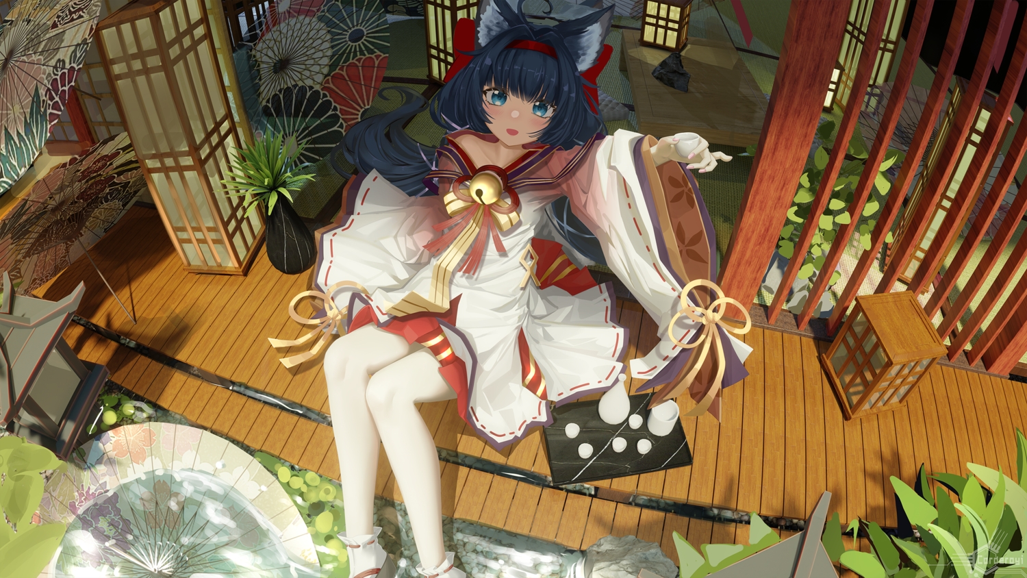 3d, animal_ears, bell, corderoy, drink, fan, foxgirl, headband