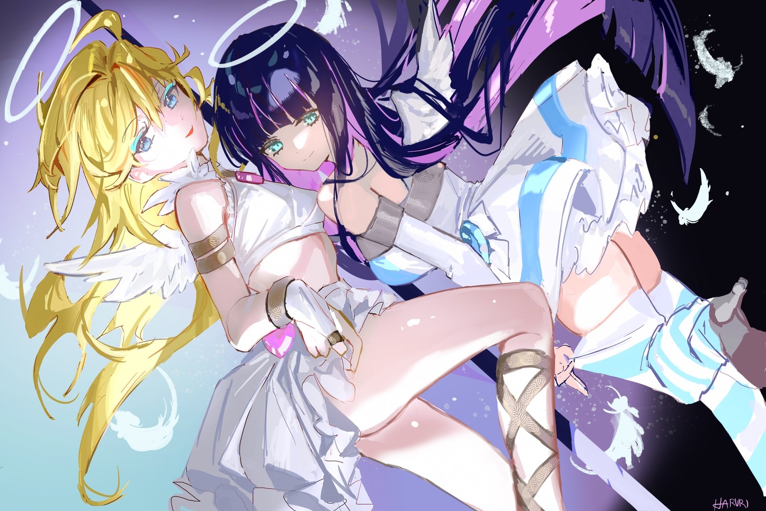 2girls, angel, aqua_eyes, blonde_hair, blue_eyes, dress, elbow_gloves, feathers
