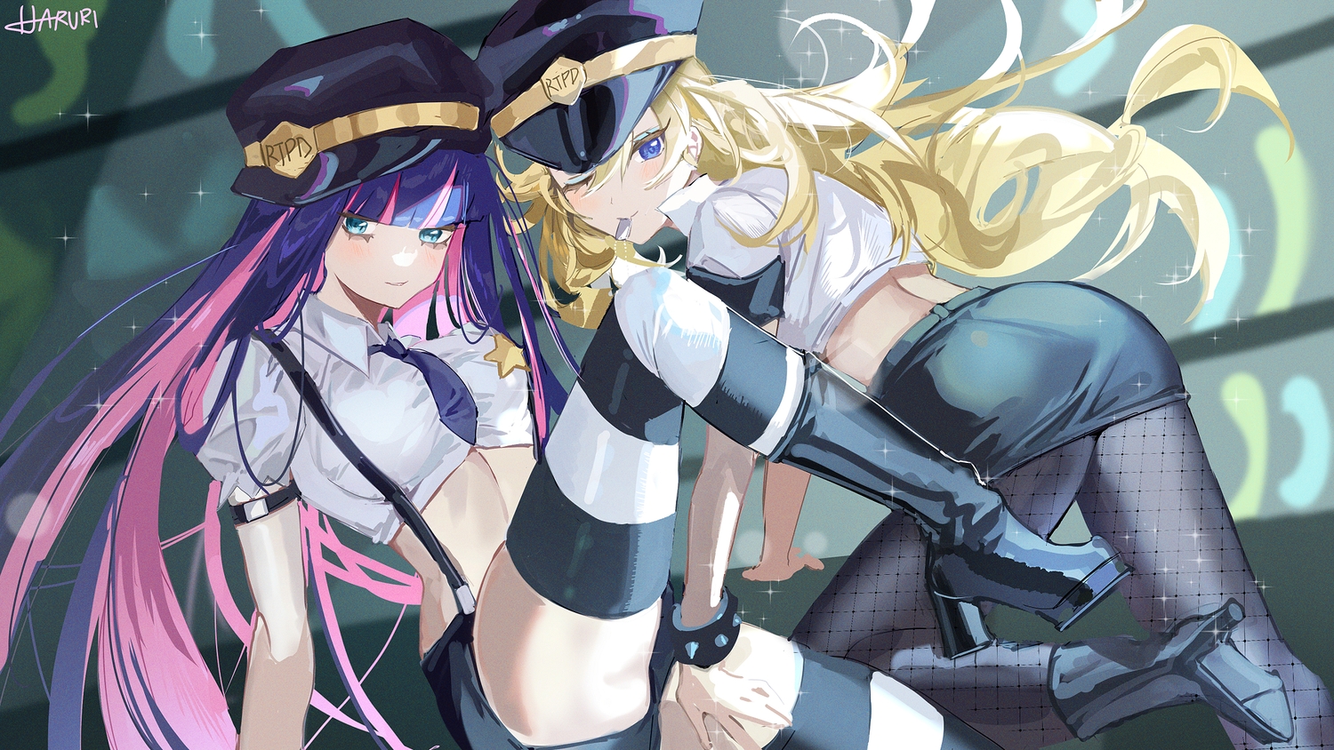 2girls, aqua_eyes, ass, blonde_hair, blue_eyes, blush, boots, haruri
