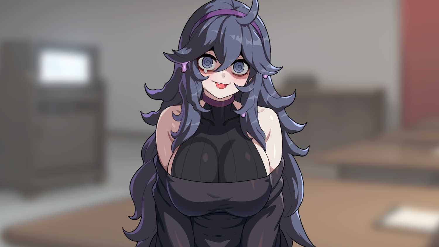 black_eyes, black_hair, breast_hold, breasts, drunkoak, fang, headband, hex_maniac
