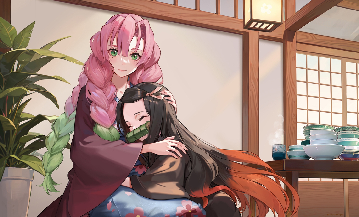2girls, braids, brown_hair, drink, gag, green_eyes, hug, japanese_clothes, kamado_nezuko, kanroji_mitsuri, kimetsu_no_yaiba, kimono, long_hair, peach_luo, pink_hair