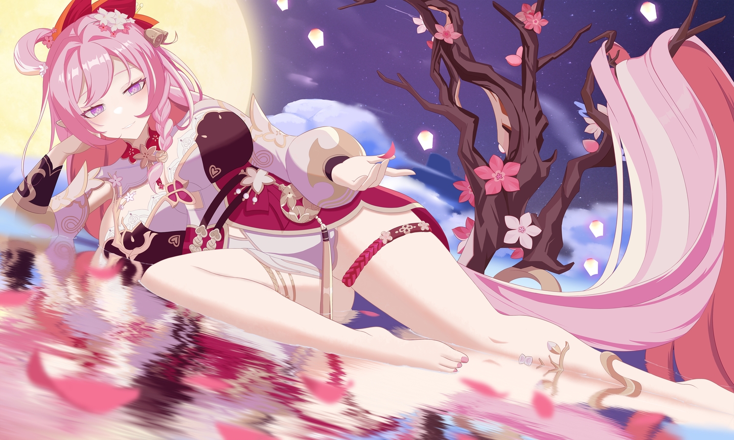 barefoot, bell, braids, breasts, chinese_clothes, cleavage, clouds, dress, elysia_(honkai_impact), garter, honkai_impact, honkai_(series), long_hair, moon, petals, pink_hair, purple_eyes, sky, stars, tree, water, zc007