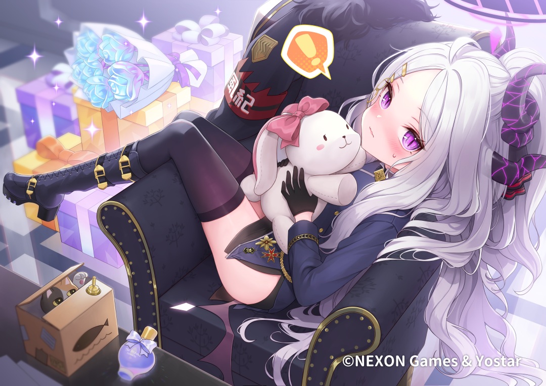 blue_archive, blush, boots, bunny, flowers, gloves, gray_hair, horns