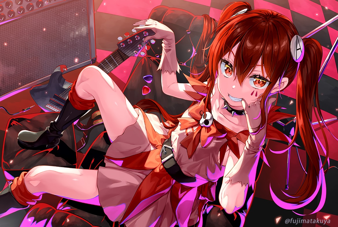 anarchy_(magical_destroyers), boots, bow, choker, dress, elbow_gloves, flat_chest, fujima_takuya, gloves, guitar, instrument, long_hair, mahou_shoujo_magical_destroyers, red_eyes, red_hair, twintails, watermark