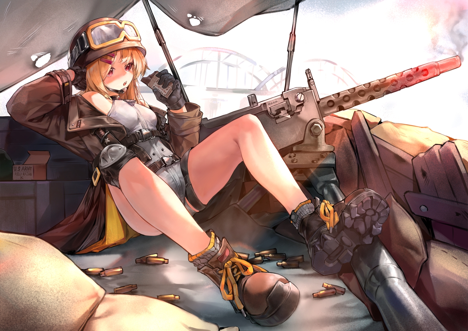 anthropomorphism, blonde_hair, boots, candy, chocolate, garter, girls_frontline, gloves, goggles, guangmi, gun, hat, m1919a4_(girls_frontline), military, red_eyes, shorts, weapon