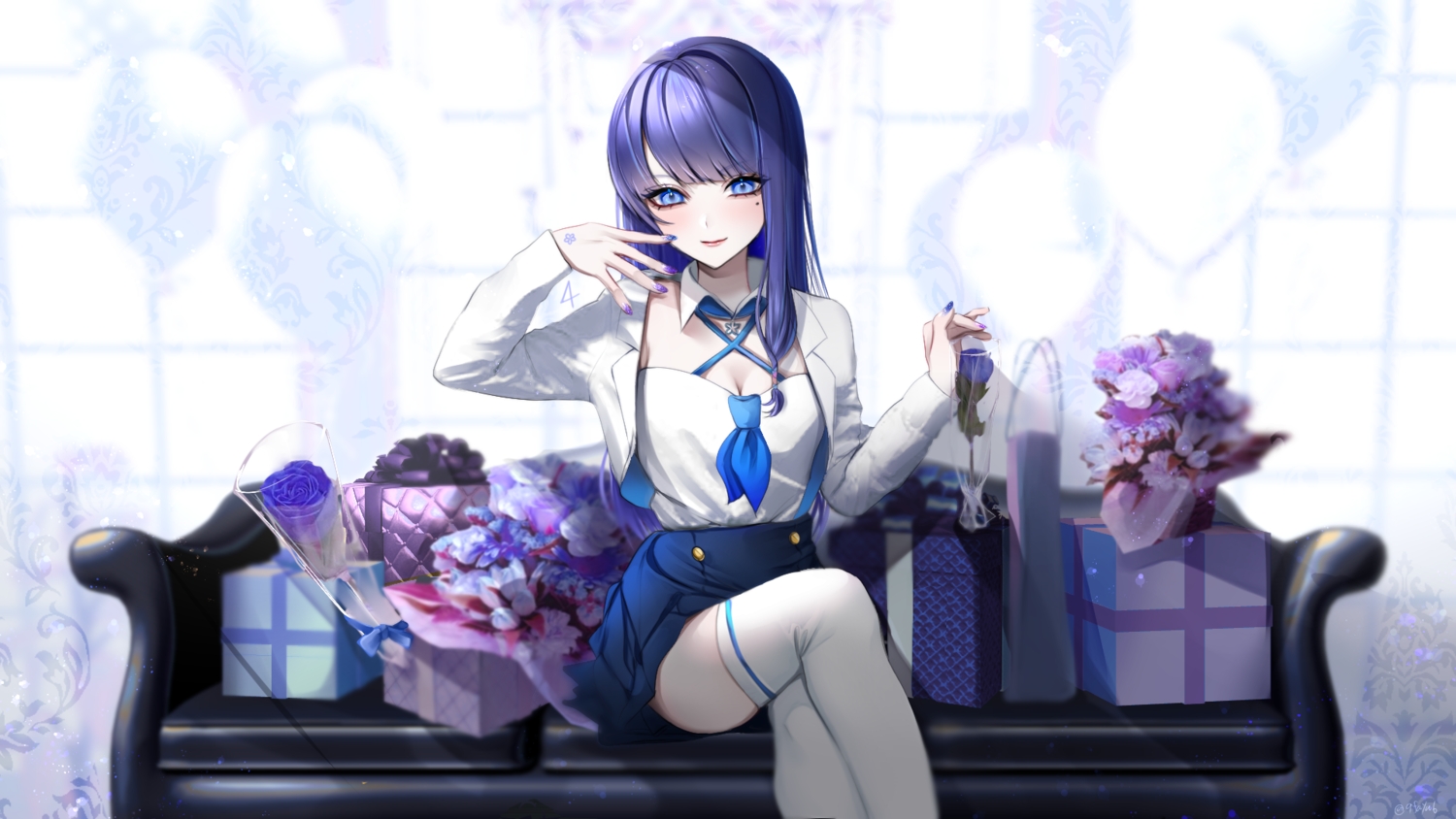 aoi_ch., blue_eyes, couch, fayutea, flowers, fuji_aoi, long_hair, purple_hair