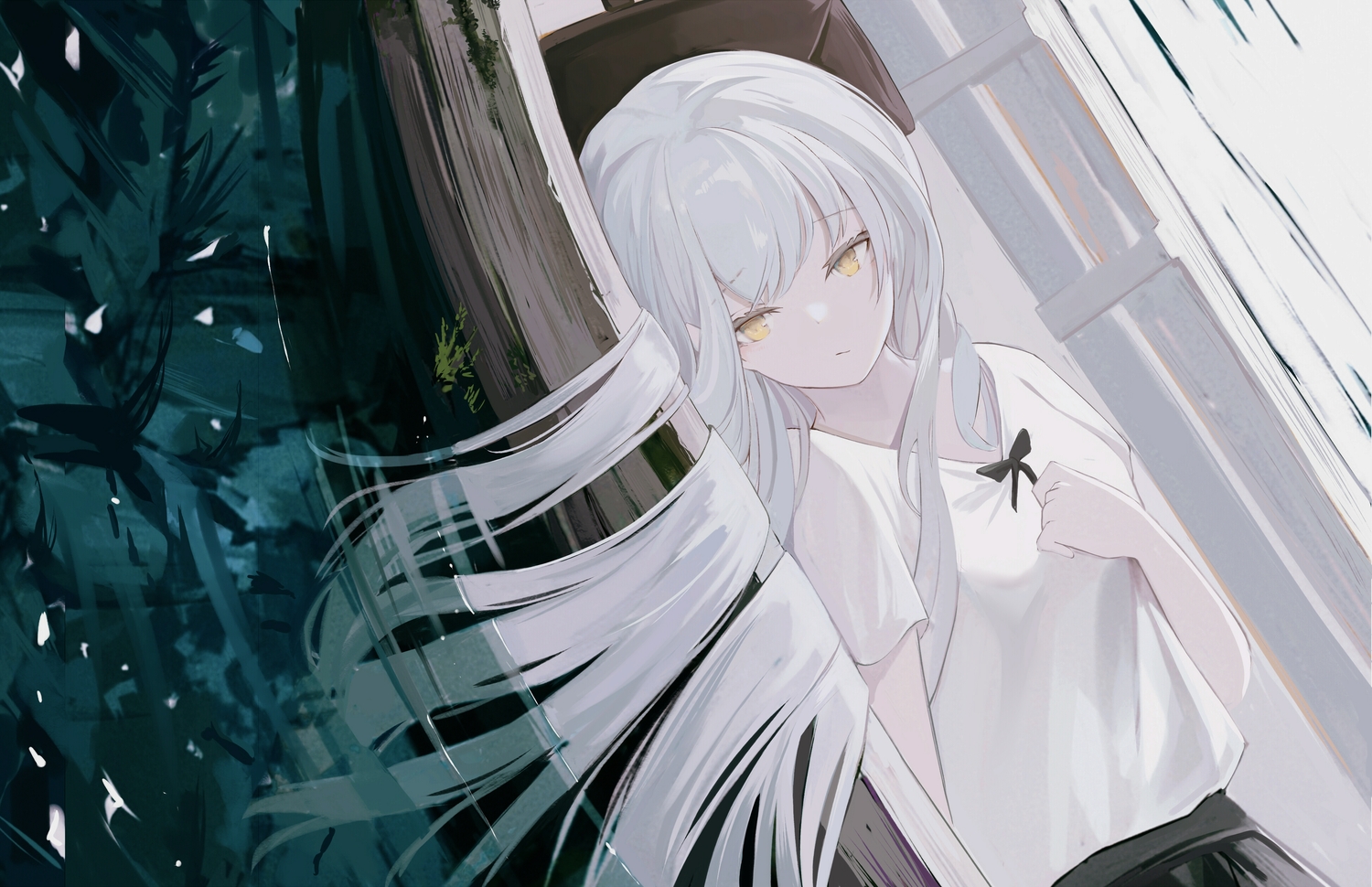 amamizu_shizuku, boat, breast_hold, gray_hair, long_hair, original, water, yellow_eyes