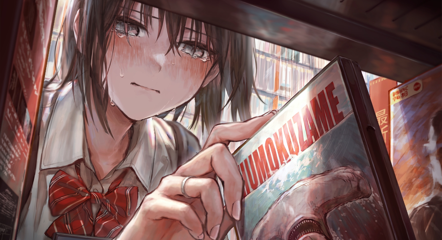 blush, bow, brown_hair, close, crying, gray_eyes, original, school_uniform
