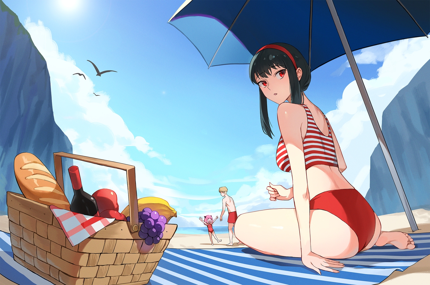 anya_(spy_x_family), apple, ass, barefoot, beach, bikini, black_hair, blonde_hair