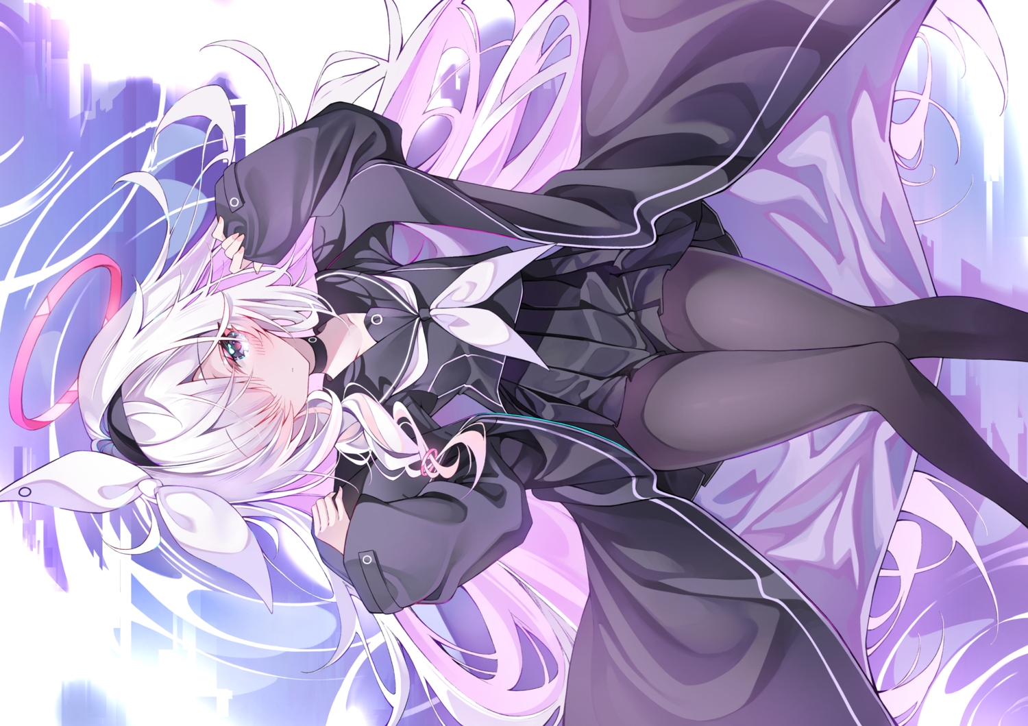 blue_archive, blush, choker, gray_eyes, headband, long_hair, pantyhose, plana_(blue_archive), school_uniform, skirt, verslll, white_hair