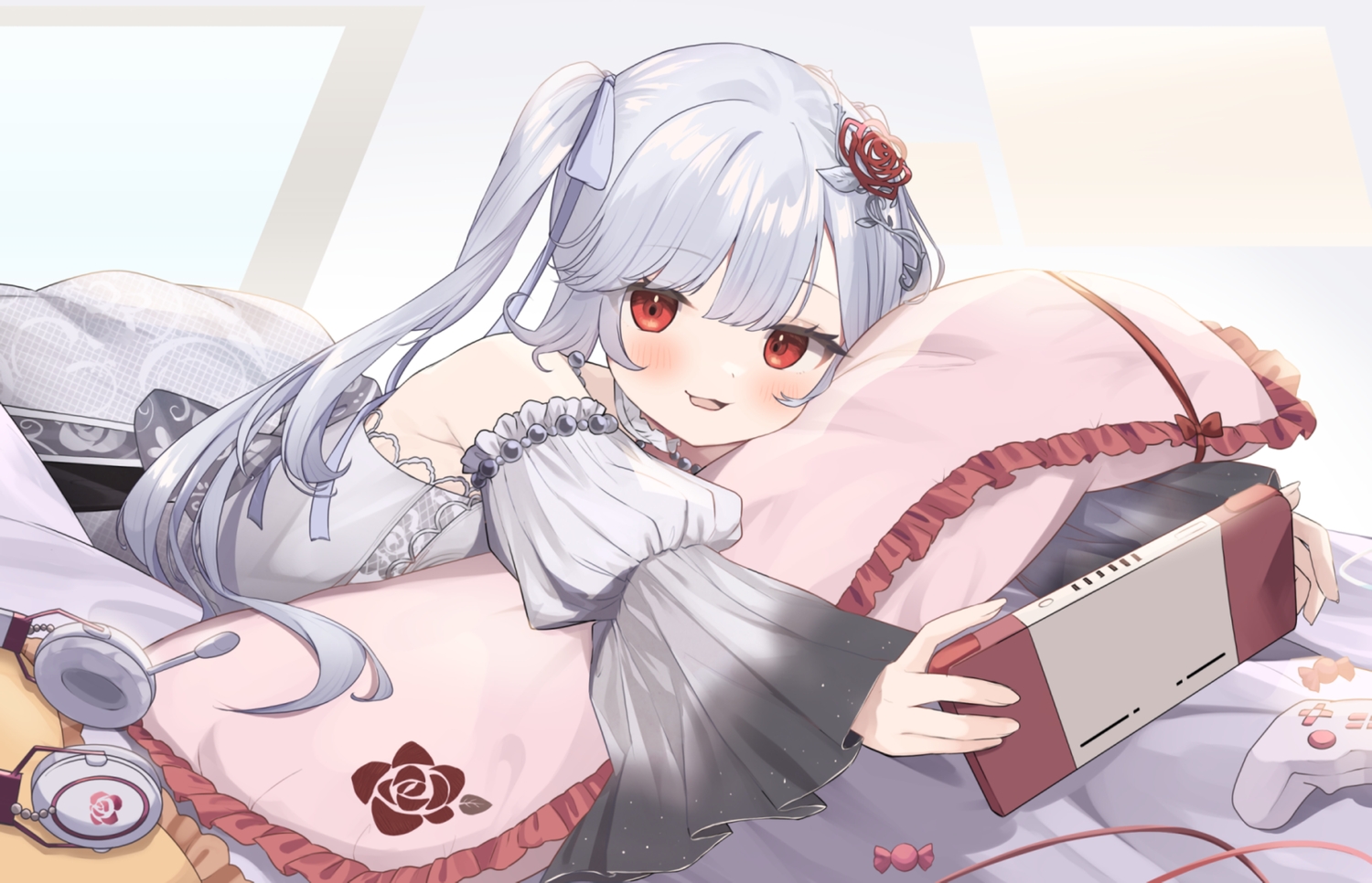 bed, blush, bow, candy, cat_smile, choker, dress, game_console, goma_(u_p), gray_hair, headphones, kagurazaka_kiyola, long_hair, microphone, red_eyes, ribbons, twintails, waifu2x