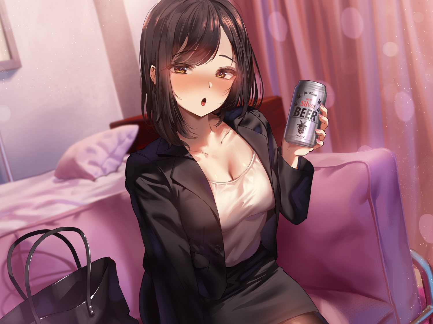 black_hair, blush, breasts, brown_eyes, cleavage, drink, original, short_hair, shuru_y