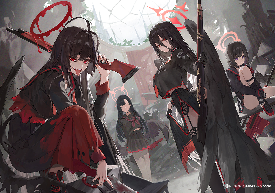 black_hair, blue_archive, garter_belt, group, gun, halo, hanekawa_hasumi, kenzaki_tsurugi