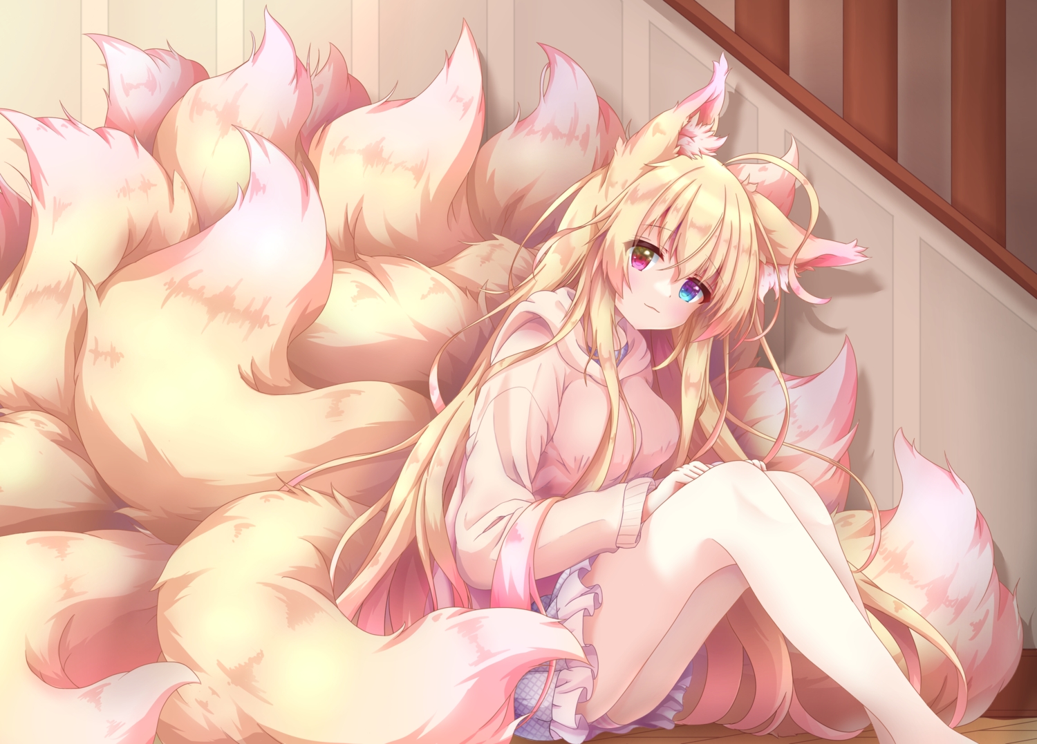 animal_ears, bicolored_eyes, blonde_hair, hood, long_hair, macaroni710, multiple_tails, original, skirt, tail