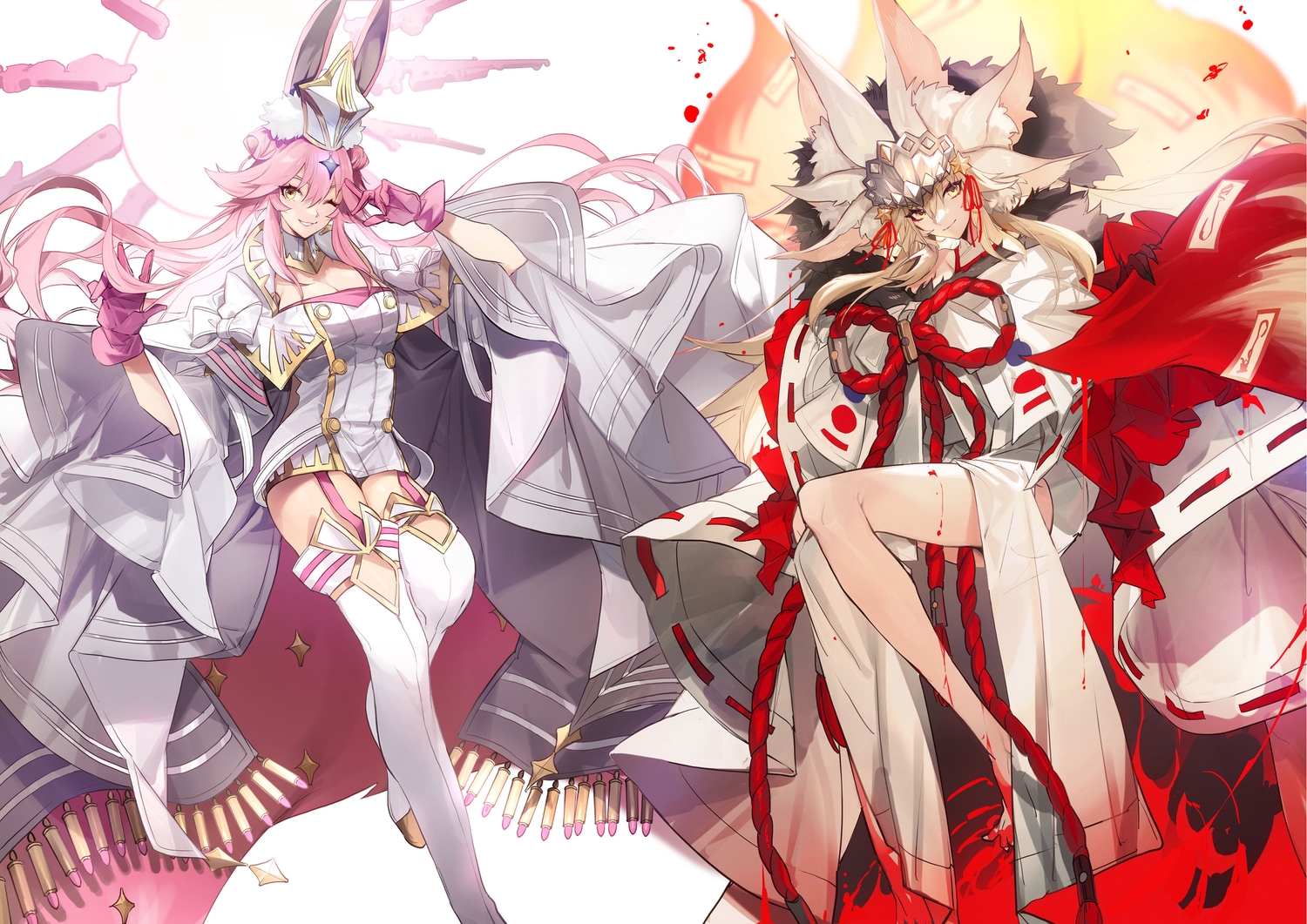 animal_ears, blonde_hair, blood, boots, bow, breasts, cleavage, dress