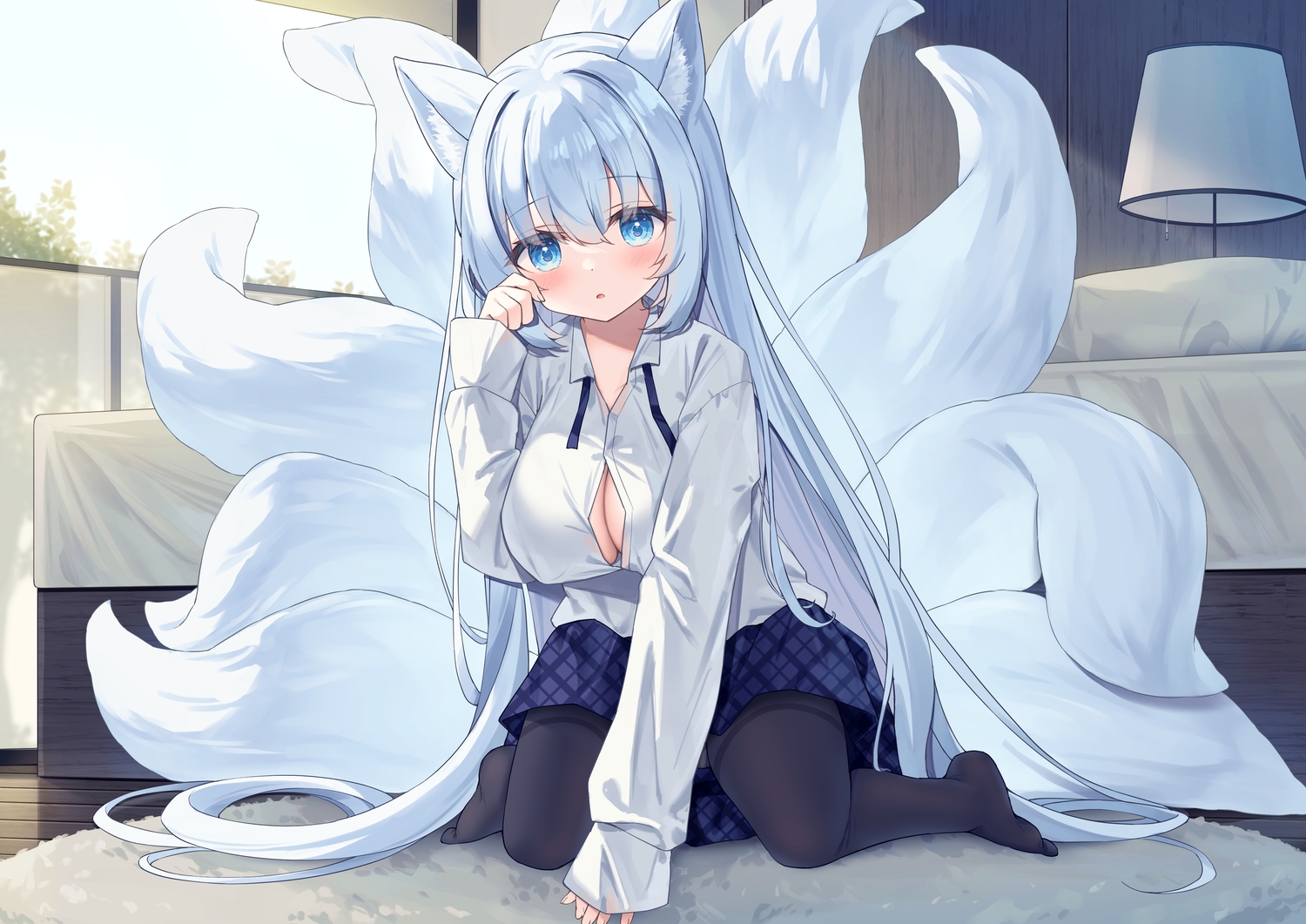 animal_ears, bed, blue_eyes, blue_hair, blush, breasts, cleavage, erect_nipples