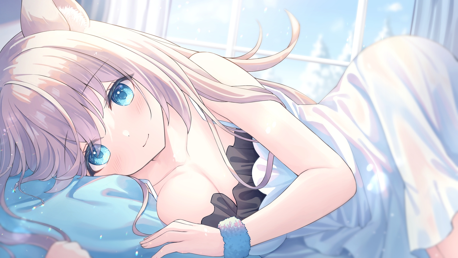 animal_ears, bed, blue_eyes, breasts, brown_hair, catgirl, cleavage, close, dress, indie_virtual_youtuber, long_hair, satsuki_yukimi, satsuki_yukimi_(vtuber)