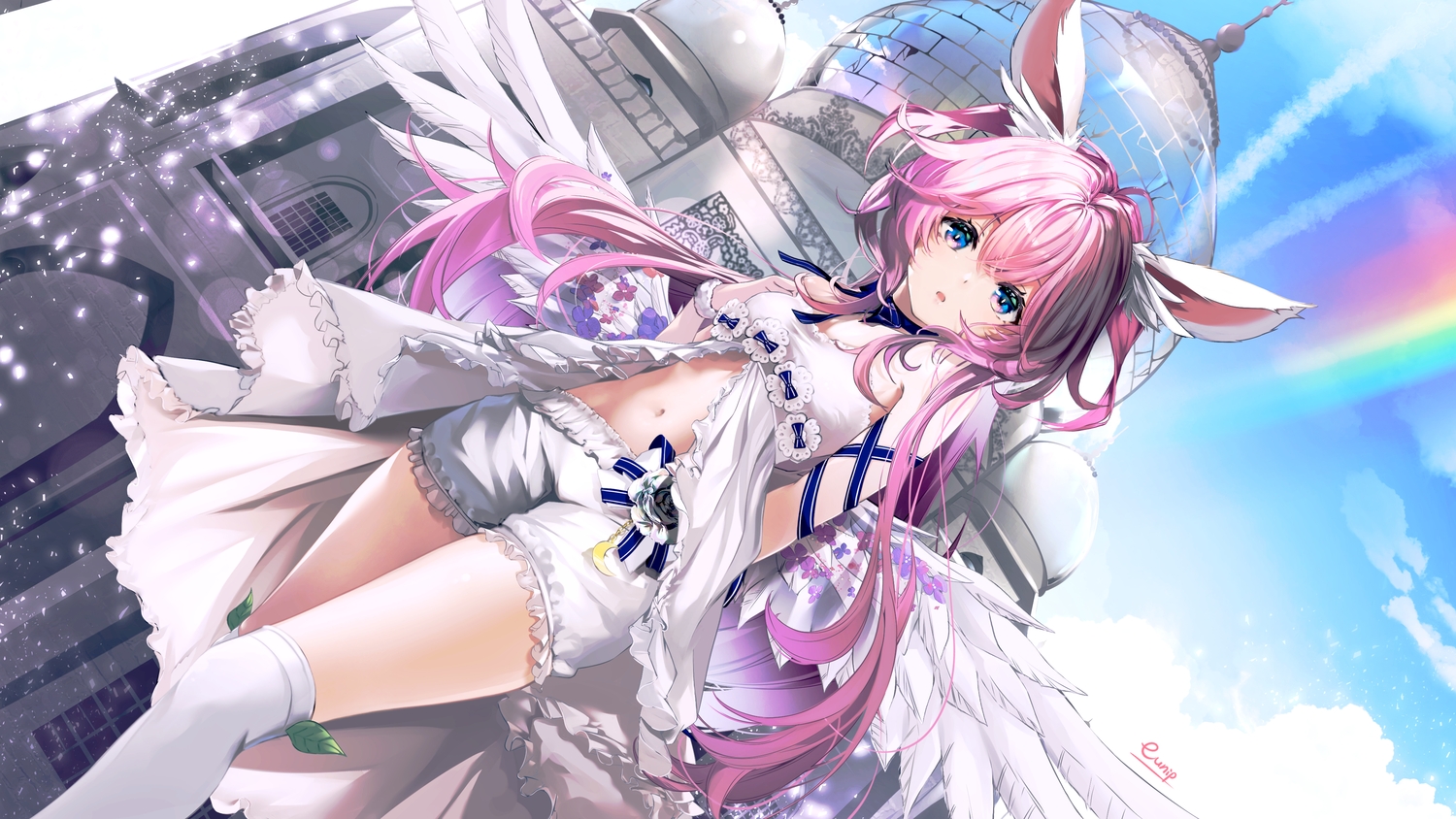 animal_ears, bloomers, blue_eyes, bow, building, choker, clouds, eunip