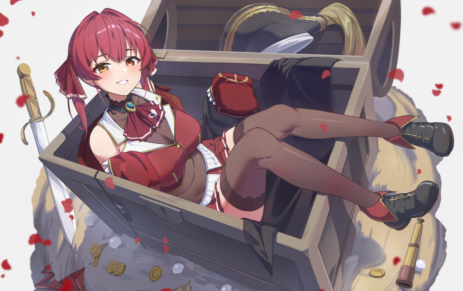 bicolored_eyes, breasts, cleavage, hat, hololive, houshou_marine, leotard, petals, pirate, red_hair, reulem, skirt, sword, thighhighs, twintails, weapon