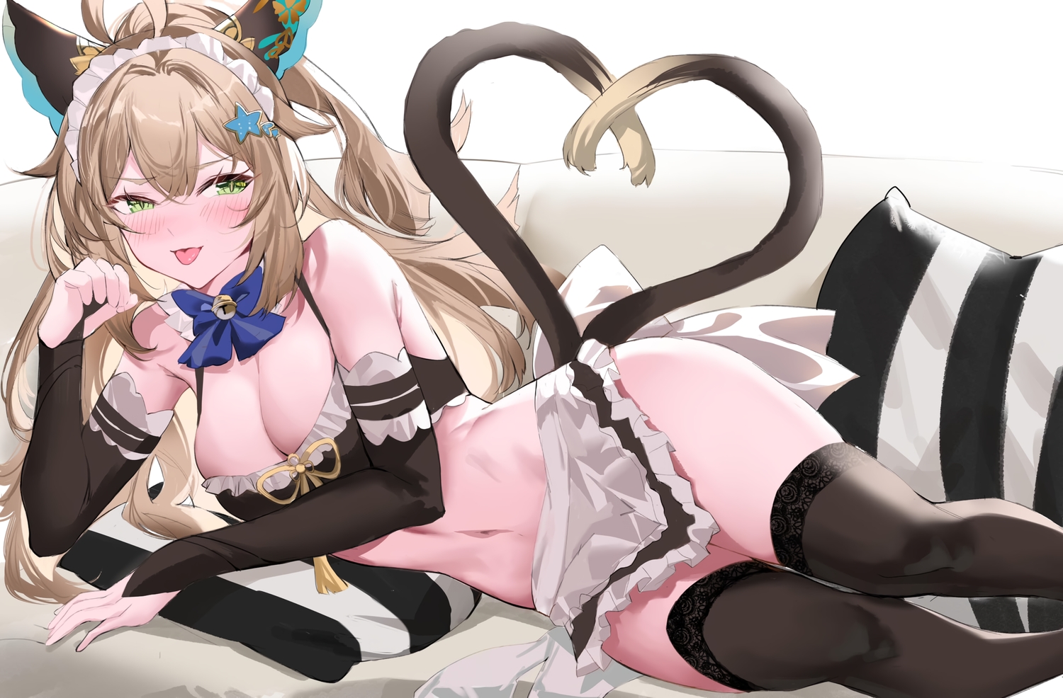 apron, bell, blush, bow, breasts, brown_hair, catgirl, cleavage